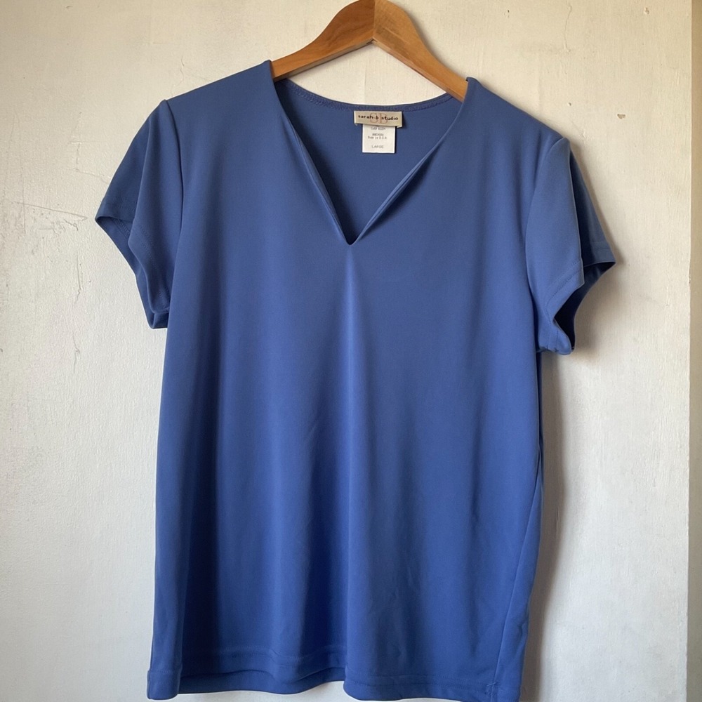 Sarah B Studio Curved V-Neck Short Sleeve Blue Blouse‎ Women Large